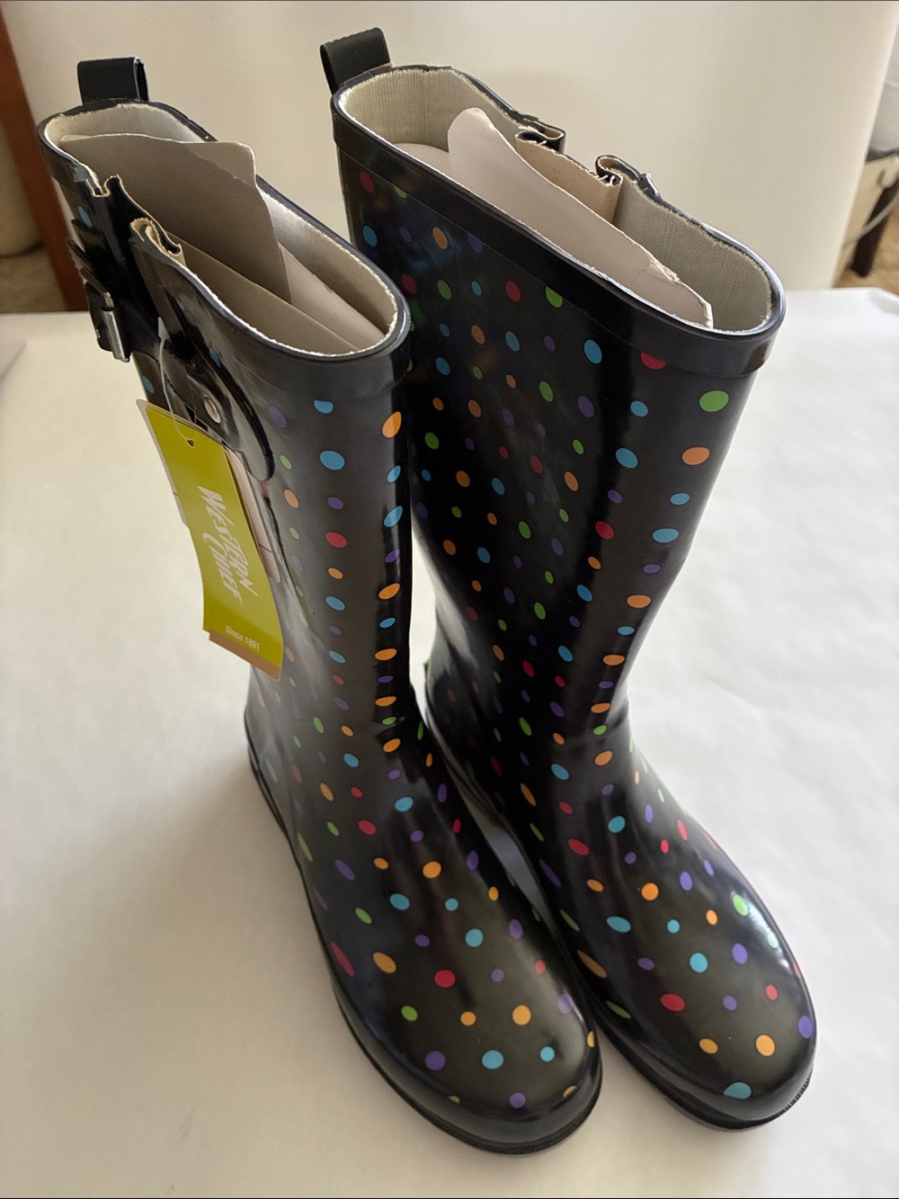 Western Chief Black Rain Boots with Multicolor Polka Dots